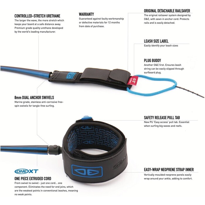 2024 Ocean And Earth Agua Fra Premium One-XT Surf Leash OESLCP60NXT - Black / Azul